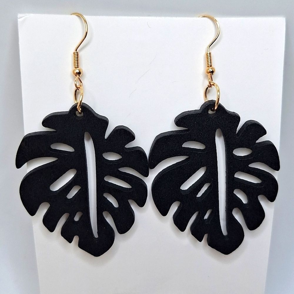 Black palm leaf earrings Hollowed out lightweight boho jewelry